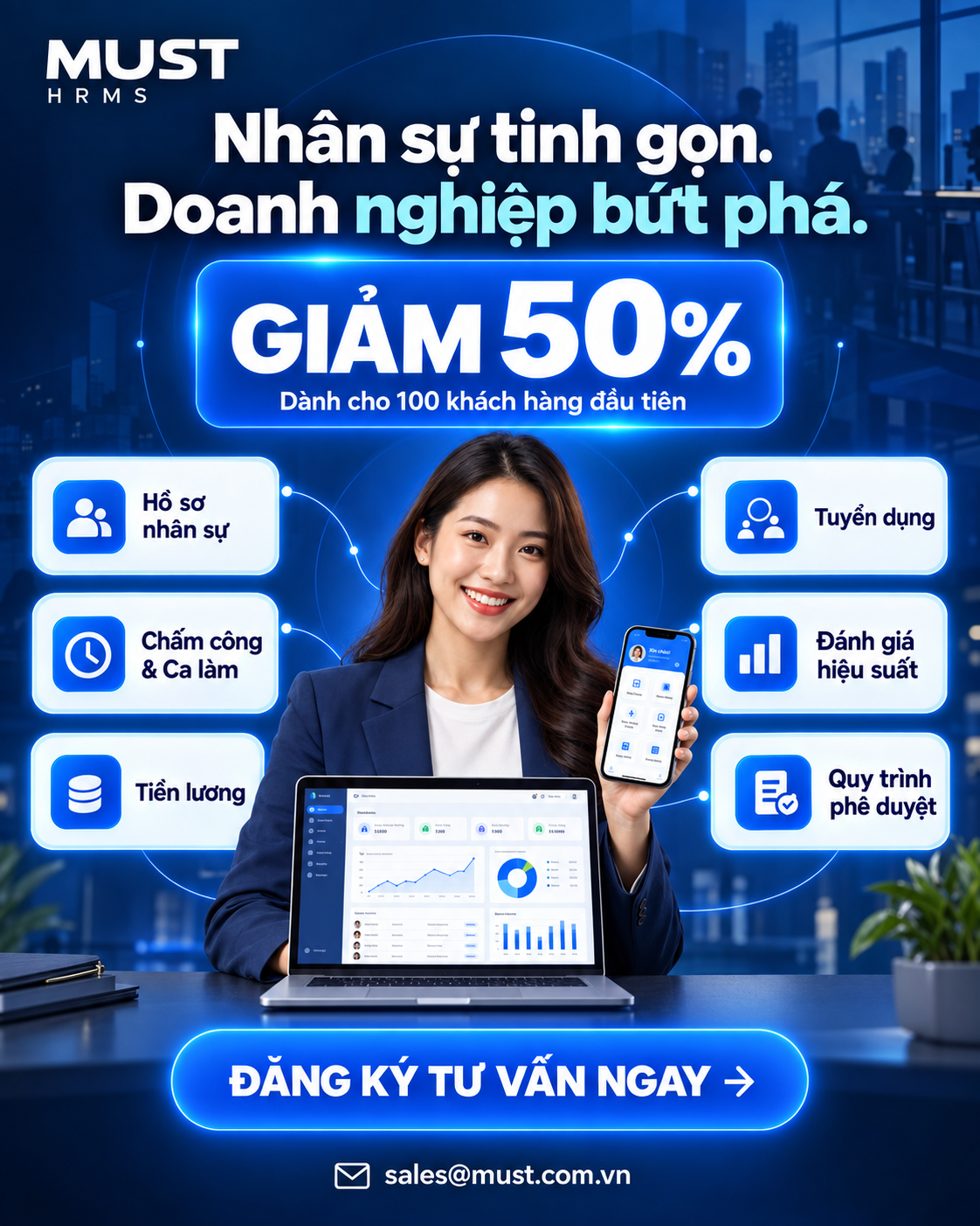 MUST HRMS giảm 50% cho 100 khách hàng đầu tiên. Đăng ký tư vấn.