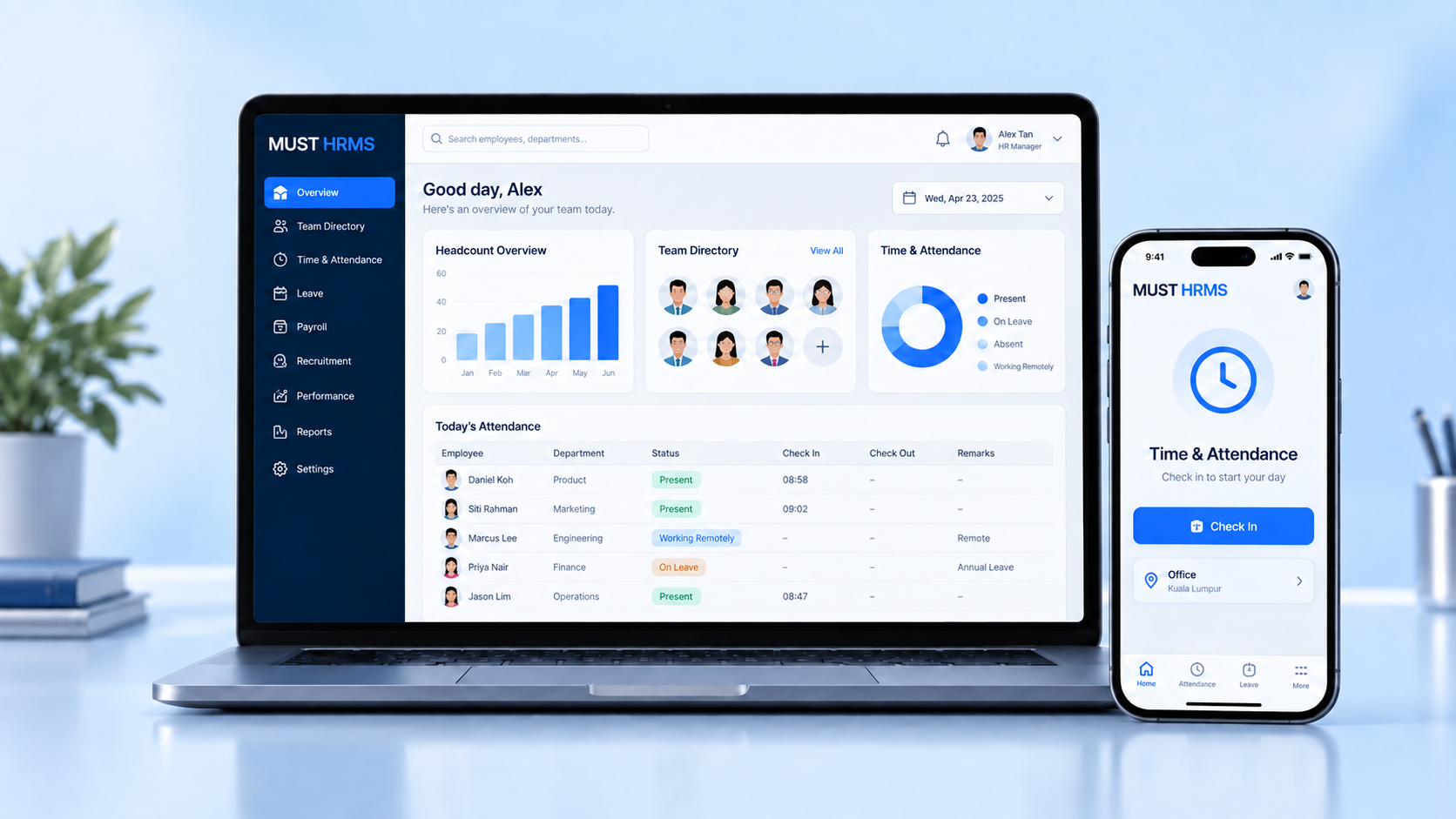 Giao diện minh họa MUST HRMS trên máy tính và điện thoại
